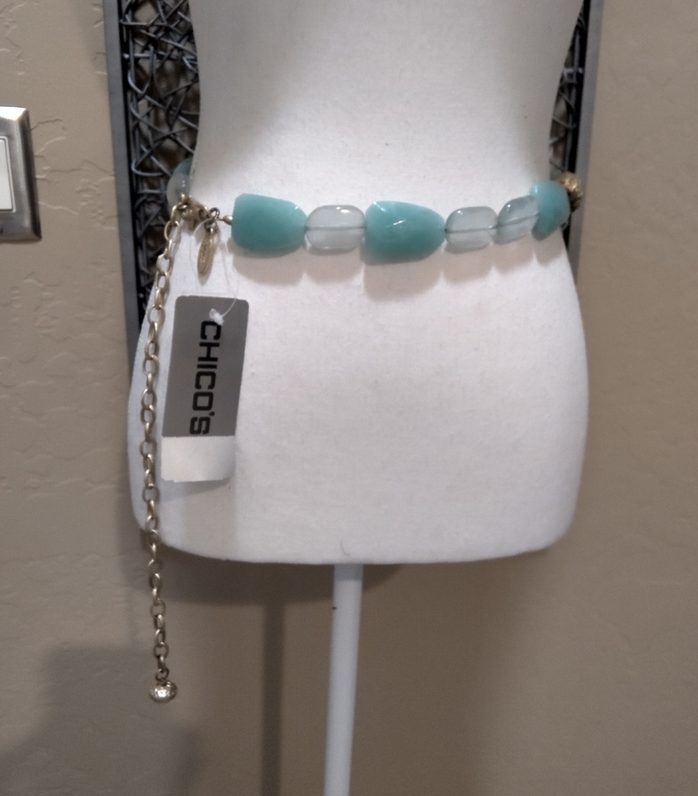 Chico's 'Oddissey' Aqua and Clear Beaded Chain Waist Belt With Gold Accents